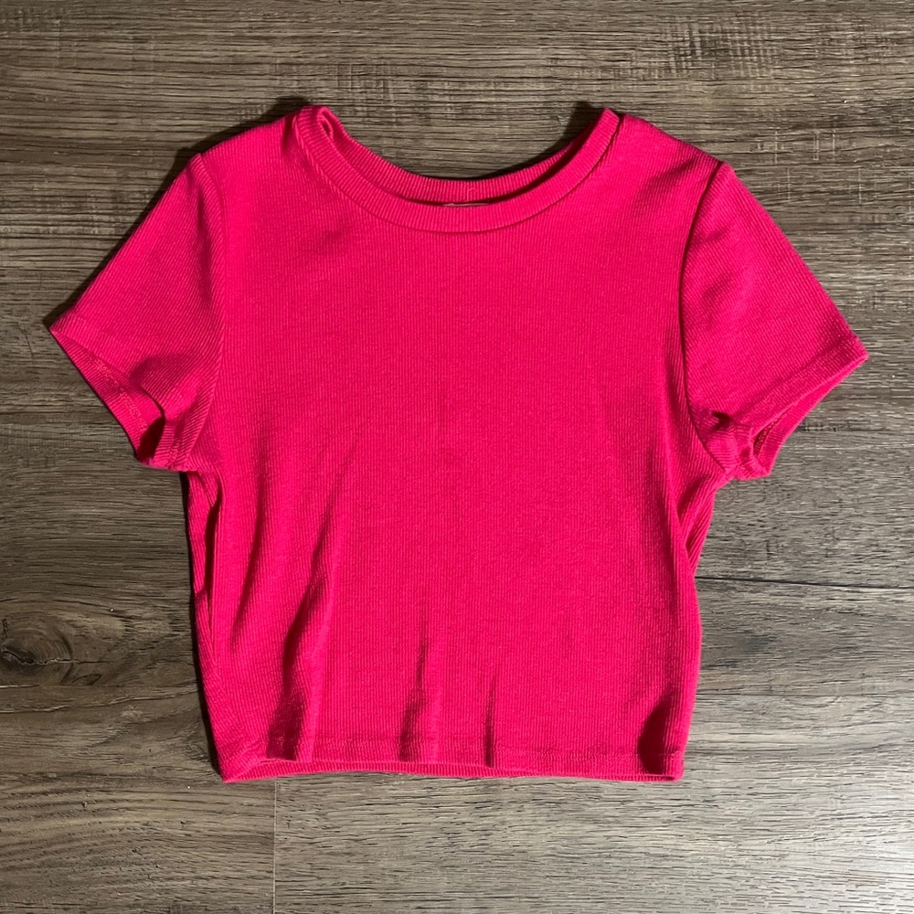 Garage Hot Pink Ribbed Short Sleeve Crop Top